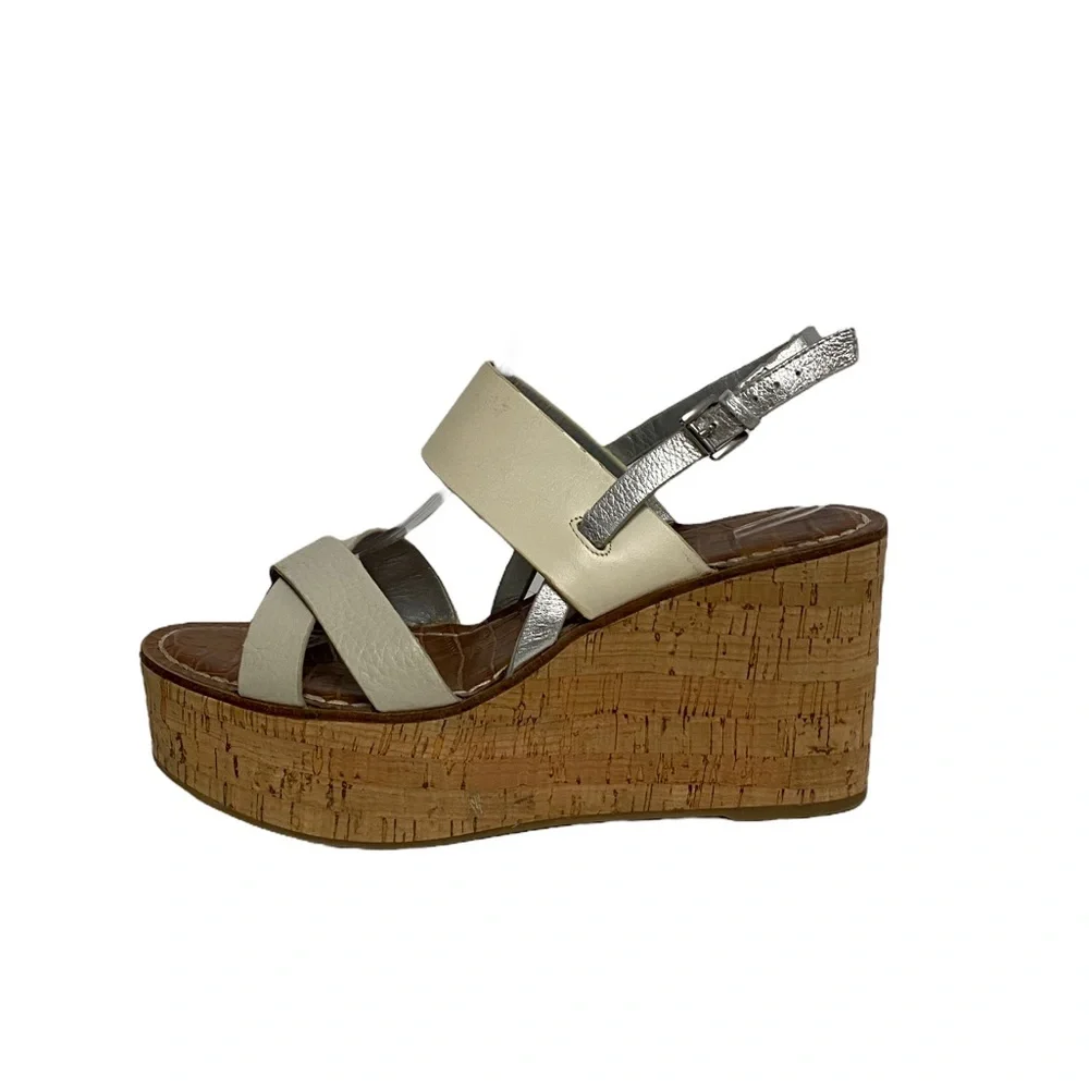 Sam Edelman Destiny Platform Fall Preppy Chic Leather Wedge‎ Sandal White Silver